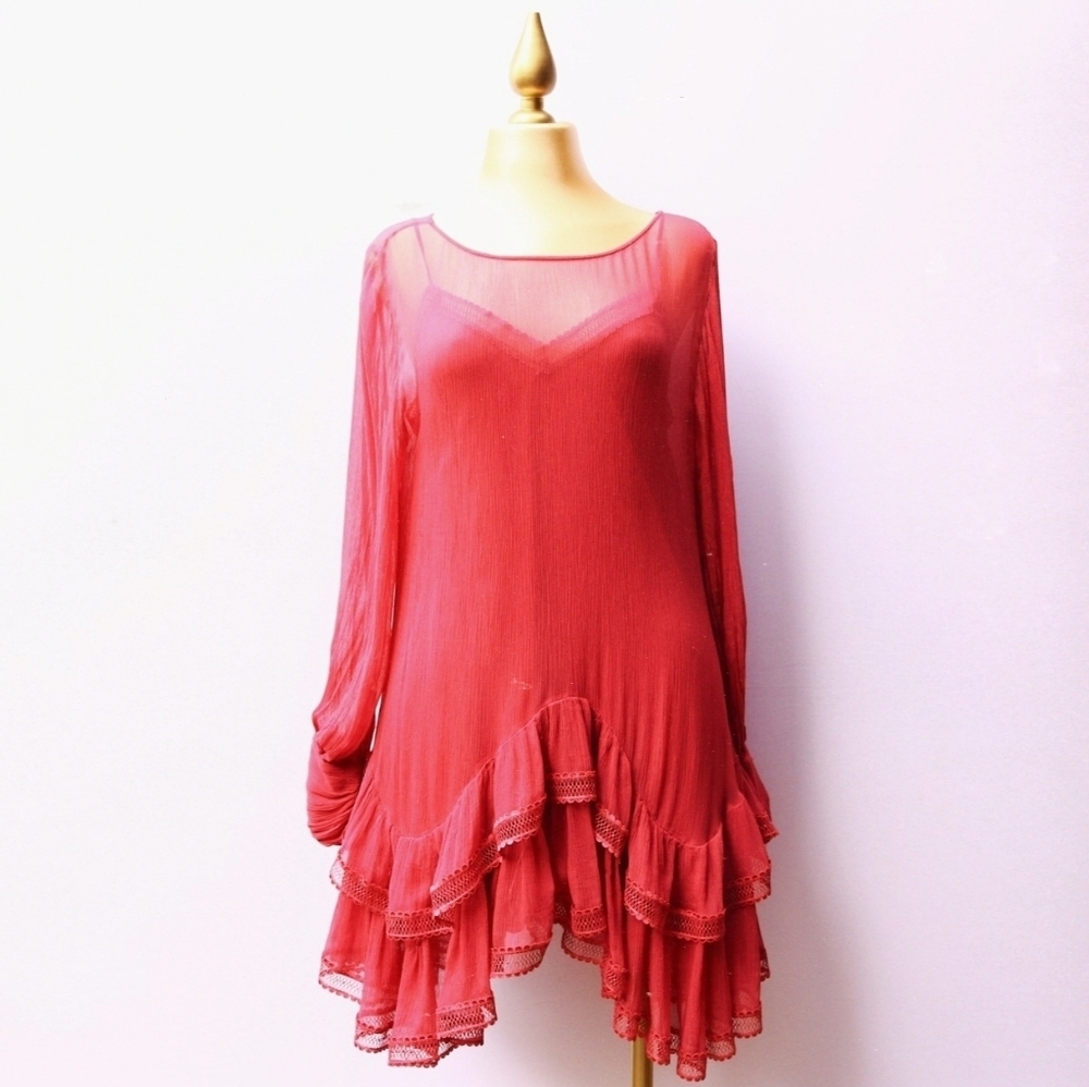 Anthropologie by MAGALI PASCAL Inez Midi Dress,Pink Medium,relaxed fit lace trim